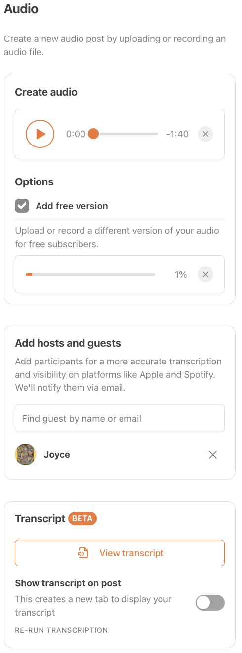 How can I generate a transcript of an audio post on Substack ...