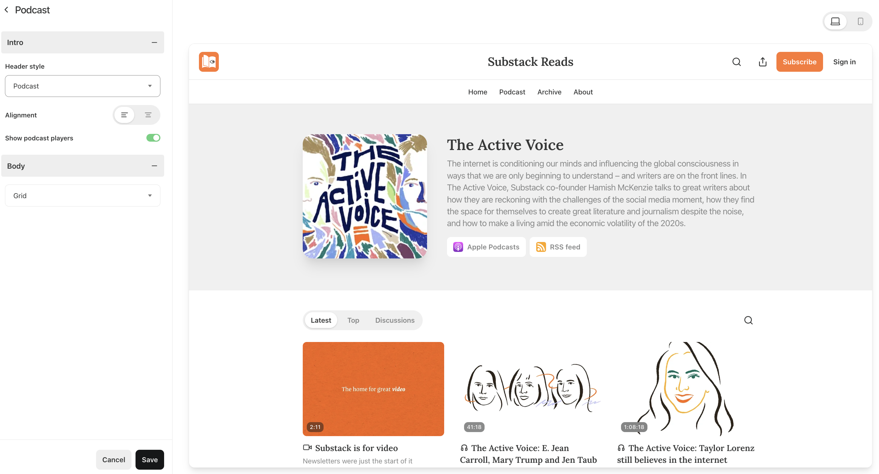 Example of a customized podcast Sections page