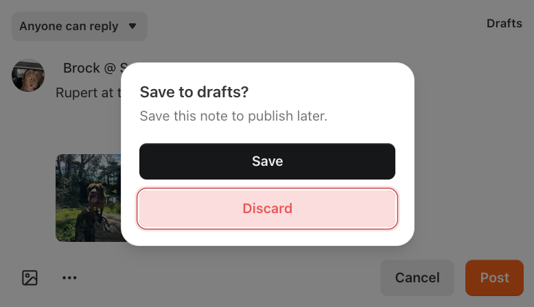 Save to drafts confirmation popup on screen