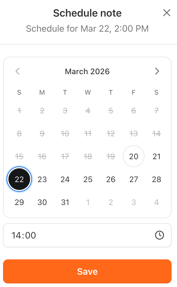 Calendar showing date and time options to schedule a note